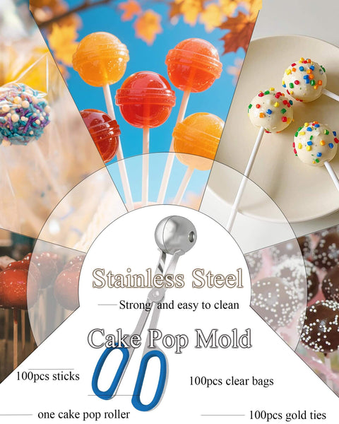 All In One Cake Pop Making Kit With 100 Sticks 100 Clear Treat Bags 100 Colorful Twist Ties Stainless Steel Cake Pop Scoop And Mold