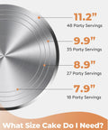 Cake size guide on Aluminum Alloy Revolving Cake Stand 12 Inch Rotating Turntable, showing various serving sizes and dimensions.