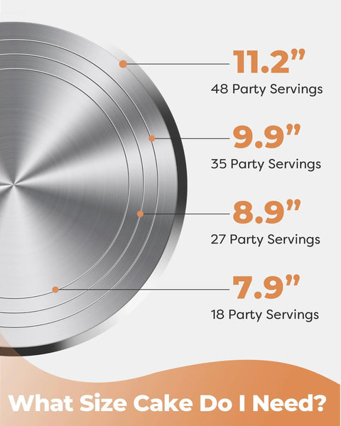 Cake size guide on Aluminum Alloy Revolving Cake Stand 12 Inch Rotating Turntable, showing various serving sizes and dimensions.