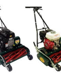 Two Cal Trimmer reel mowers with mounted engines, compatible with Roller Shaft Bearing For Cal Trimmer Mowers 20 To 25 Inch Sealed Commercial Grade Bearings Made In Japan Fits All Cal Trimmer Reel Mowers Gen Part 25324 Made In USA Premium Replacement Part With Long Life And Superior Seal For Heavy Use