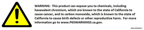 California Proposition 65 warning label for chemical exposure risks, including cancer and birth defects, with website for more information.