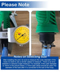 Using vernier caliper to measure hose diameter for correct sizing, with hose installed on a black fitting, green connector visible.