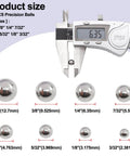 Product size chart for 490PCS precision balls in 8 sizes with a caliper measuring 6.35mm size.