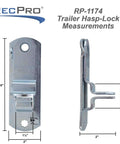 Cam Action Hasp Lock Mechanism For Enclosed Trailer Doors Latch Replacement Secure Locking System Easy Lift To Engage Or Release Keeps Cargo Safe Made In USA, front and side view with dimensions
