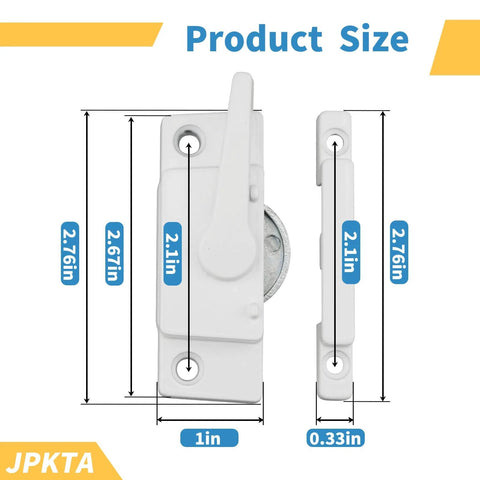 Six pack cam action sash locks provide secure, easy to install protection for double hung and sliding vinyl windows; durable diecast construction, keeper included, compatible with vertical or horizontal sashes, improving safety and anti lift. Image shows white sash locks with dimensions labeled.