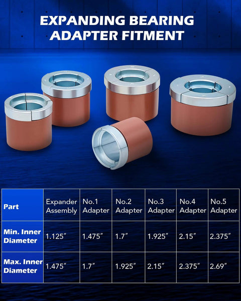 Expanding bearing adapters with size chart, part of the Cam Bearing Removal and Installation Tool Set | Complete Camshaft Bearing Tool Kit