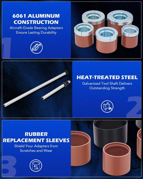 Cam Bearing Removal and Installation Tool Set showcasing adapters, heat-treated steel shafts, and rubber sleeves for durability and protection.