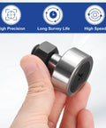 Hand holding Cam Follower Track Runner Bearing with 32mm Roller Diameter and M12 Stud Slotted Head, showing high precision.