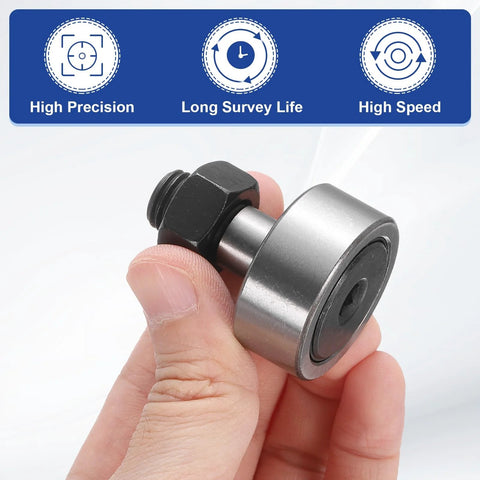 Hand holding Cam Follower Track Runner Bearings 3 Pack Built Tough CF12 1 KR32 PPX Chrome Steel Needle Roller Stud Track Bearing