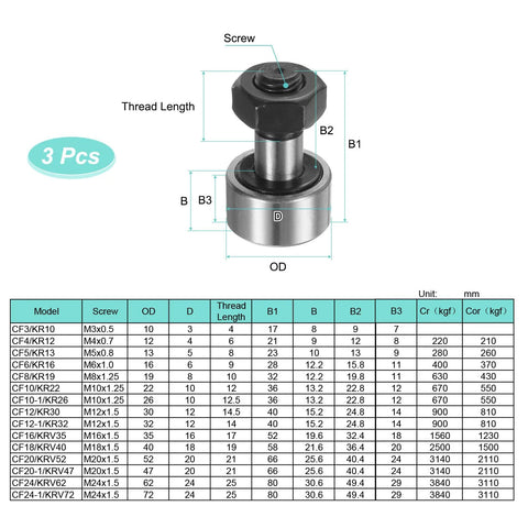 Heavy Duty Cam Follower Track Runner Bearings CF16 KR35 PPX Chrome Steel Needle Roller Stud 3 Pack M16x1.5mm Thread Diagram