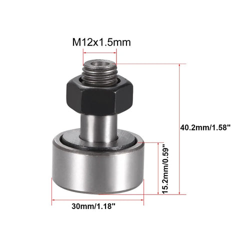 Beefed Up Heavy Duty Cam Follower Track Roller Bearings CF12 KR30 with M12x1.5 thread, 30mm roller diameter, 14mm width shown
