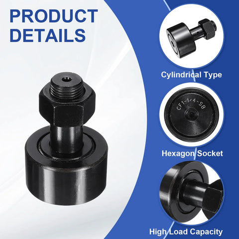 Cam Follower Track Runner Bearing with 2 1/4 inch roller diameter, 57.15mm, 7/8-14 UNF stud, CF-2-1/4-SB, chrome steel, close-up view.