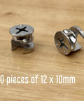 Replacement 12x10mm cam lock connectors, sturdy and easy to install, shown in silver finish on a wooden surface, includes 10 pieces