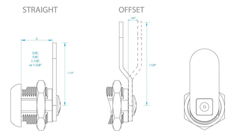 Thumb Operated Offset Cam Lock In Multicolor Finish For Cabinet Or Storage Compartments Seven Eighths Inch Backset With Face Plate Mount Includes Straight And Offset CAM For Easy Turn Security And Flexible Replacement Installations diagram showing straight and offset configurations