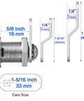 Diagram showing dimensions of secure cabinets, drawers, mailboxes and tool boxes with 5/8 inch keyed-alike cam locks