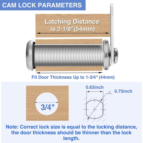 Installation diagram for 2 Pack 2-1/8 Inch Cam Lock Set For Thick Cabinets And Drawers RV Storage And Tool Boxes Keyed Alike