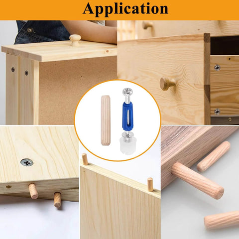 Cam Locks For Furniture Kit With 380 Pieces Including 300 Multi Size Cam Bolts And Nuts, 80 Wood Dowel Pins, 3 In 1 Eccentric Wheel Fasteners For Cabinets Wardrobes And Drawers in use on wooden furniture assembly.