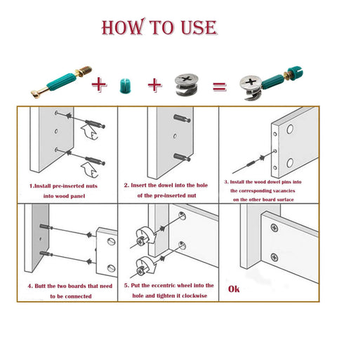 Effortless furniture assembly with a 50 set 3 in 1 cam lock hardware kit, featuring dowels, pre inserted nuts and cam lock nuts