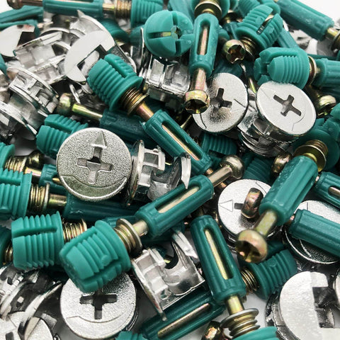 Effortless furniture assembly with a 50 set 3 in 1 cam lock hardware kit, featuring dowels, pre inserted nuts and cam lock nuts