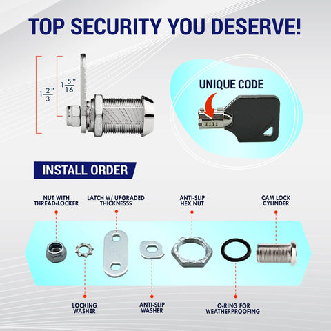 All-metal cam lock for RV storage, cabinets, drawers, mailboxes and toolboxes; fits 5/16 inch doors with a 5/8 inch bore, includes four tubular keys, ideal in a durable 2-pack for secure, easy access and compartment protection shown with installation parts.