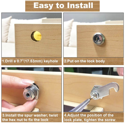 Installation process of the Three Pack Keyed Alike Cam Lock Set with 1-1/8 inch cylinders on a wooden drawer.