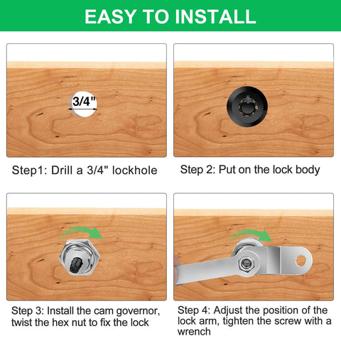 Protect tools, cabinets, and RV compartments with a 2-pack 5/8 inch keyed-alike cam lock set; easy installation steps shown.