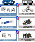 Comparison of cam locks showing Sunxeke's alloy material, improved crosshead, and nickel plating versus others' lower quality.