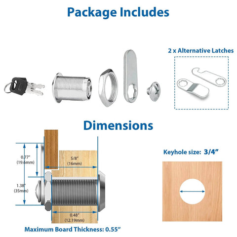 Diagram of Keyed Different Mailbox Cam Lock Five Eighths Inch Cylinder For Cabinets And File Drawers with parts and dimensions