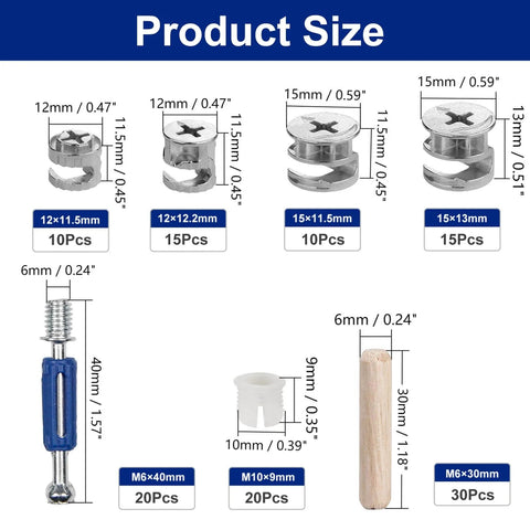 Versatile 120Pcs Cam Lock Furniture Hardware Kit with cam locks, dowel pins, and fasteners displayed with dimensions.