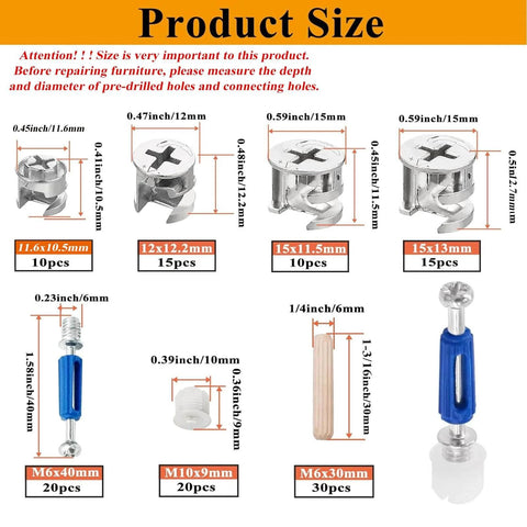 Dimensions and parts of 120Pcs Cam Locks Furniture Hardware Kit 3 In 1 Eccentric Connectors Nuts Bolts Dowels For Assembly And Repair