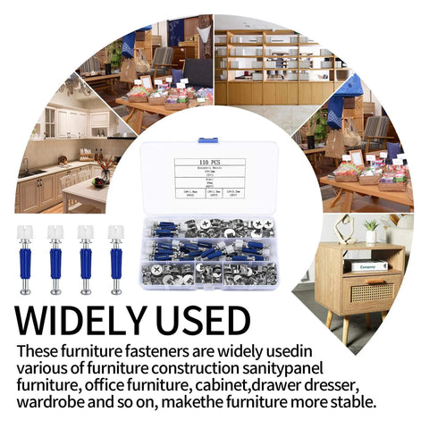 Cam Lock Nuts And Screws Set 110 Pcs Alloy Steel 3 In 1 Furniture Connecting Cam Locks For Drawer Cabinet with tools and assembled furniture examples