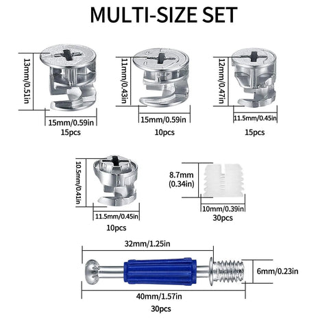 Cam Lock Nuts And Screws Set 110 Pcs Alloy Steel 3 In 1 Furniture Connecting Cam Locks For Drawer Cabinet various sizes diagram
