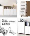 Keyed Alike Cam Lock Set One And One Eighth Inch Fits Cabinets File Drawers Mailboxes RV Storage Zinc Alloy Ten Piece For Doors Up To Seven Eighths Inch Thick Replacement with keys shown in front of cabinet and drawer examples.