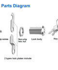 Diagram of lock parts including anti-slip screw, non-slip hex nut, lock body, and key from Three Pack Keyed Alike Cam Lock Set