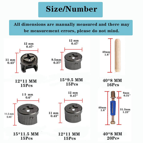 Detailed view of 124 Piece Furniture Cam Locks Hardware Set With Cam Nuts, Cam Lock Screws, Plastic Expansion Nuts, Wood Dowels And Twist Lock Fasteners For Cabinets Drawers And Dressers Black Finish, showing various fasteners with dimensions.