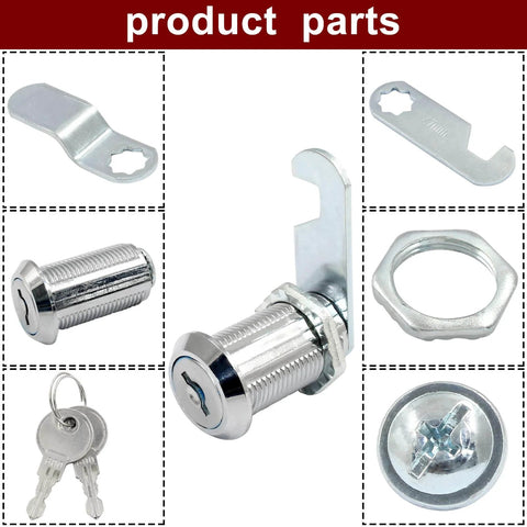 Cam Lock Set For Cabinets With Keyed Alike One And One Eighth Inch Cylinder For File Cabinets Lockers Mailboxes Drawers And Tool Boxes Made From Chrome Plated Zinc Alloy Corrosion Resistant And Durable Security with components shown including keys and lock parts.