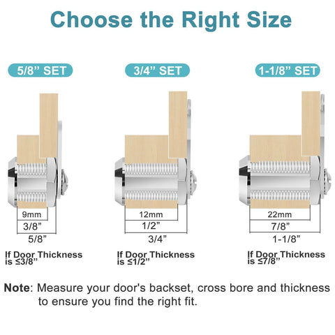 Secure cabinets, drawers, and RV storage with a durable three quarters inch cam lock set shown with size options.