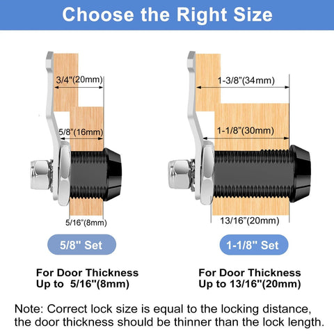 Diagram showing lock sizes for durable toolbox lock with keyed-alike set, tubular and hook cam design, ideal for tool boxes and cabinets.