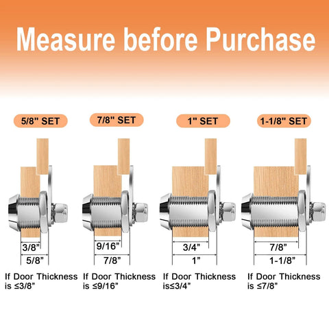 Secure your RV compartments with keyed-alike cam locks, a set of four 1 1/8 Inch cam locks with measurement guide for door thickness.