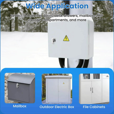 Wide application of thumb operated offset cam lock for mailboxes, RV compartments, and cabinets shown in winter setting.