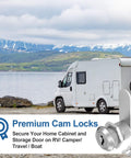 Three Pack Cabinet Locks With Keys One And One Eighth Inch Cam Locks Alike For Cabinets Drawers Doors RV Storage And Mailbox Zinc Alloy Security Lock Set For Tool Boxes And Storage Units displayed with RV in background