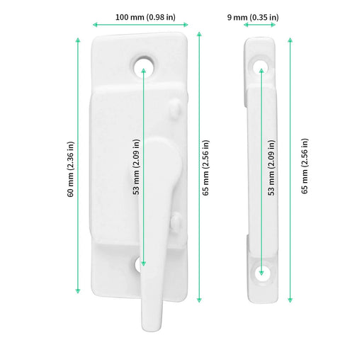 Front and side view of Cam Action Sash Locks 10 Pack With Keeper For Single And Double Hung Vinyl Windows Diecast Latch Lock 2.1 Inch Hole Center Includes Screws For Secure Easy Window Installation.