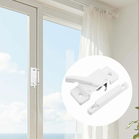 Cam Action Sash Locks 10 Pack With Keeper For Single And Double Hung Vinyl Windows Diecast Latch Lock 2.1 Inch Hole Center Includes Screws For Secure Easy Window Installation shown on window