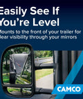View of trailer mirror showing AccuLevel RV Leveling System With Dual Front To Back And Side To Side Indicators For Easy Install