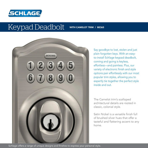 Camelot Keypad Deadbolt With Electronic Keyless Entry Lock Satin Nickel Finish For Front Door Back Door Home Office And Garage Battery Powered Grade Two Security Supports Nineteen Access Codes And Quick Secure Keyless Entry, front view