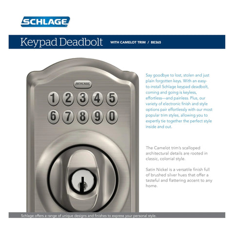 Camelot Keypad Deadbolt with Electronic Keyless Entry Lock Satin Nickel Finish for Front Door Back Door Home Office