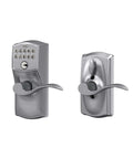 Front and back view of Camelot Keypad Entry Door Lock With Flex Lock And Accent Levers In Brushed Chrome For Keyless Entry