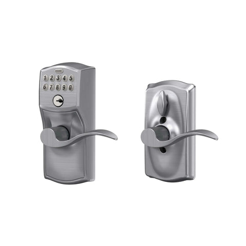 Front and back view of Camelot Keypad Entry Door Lock With Flex Lock And Accent Levers In Brushed Chrome For Keyless Entry