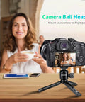 Mini Ball Head With 1/4 Inch And 3/8 Inch Screw Mount For Cameras, camera on tripod with smiling woman in background