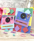 Colorful camera-themed die cuts made with Camera Letters Die Cutting Set For Card Making And Scrapbooking Metal Dies By DzIxY